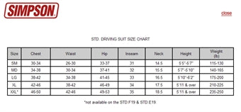 Race Suit Size Charts