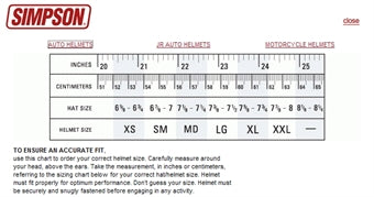 Simpson Helmet Size and Colour charts
